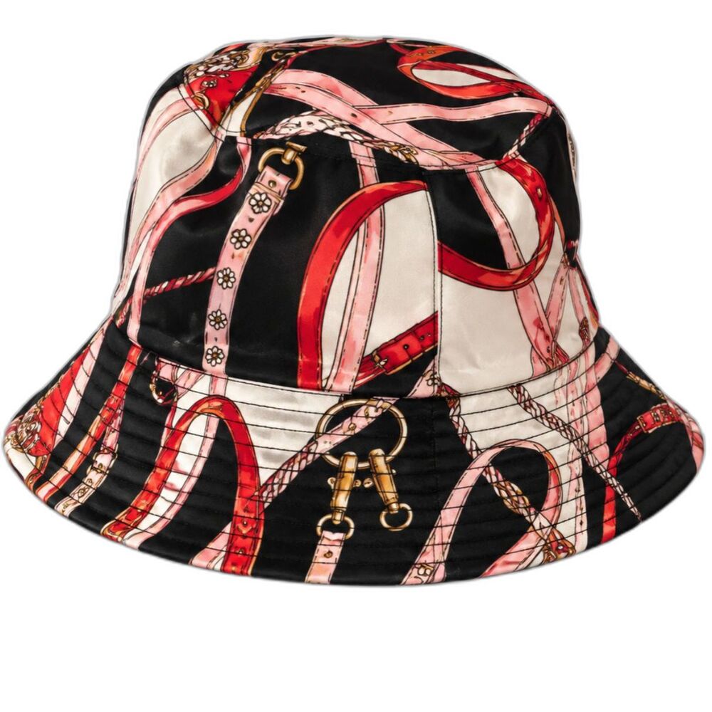 Equestrian Scarf Print Satin Bucket Hat Black Pink Red Chain